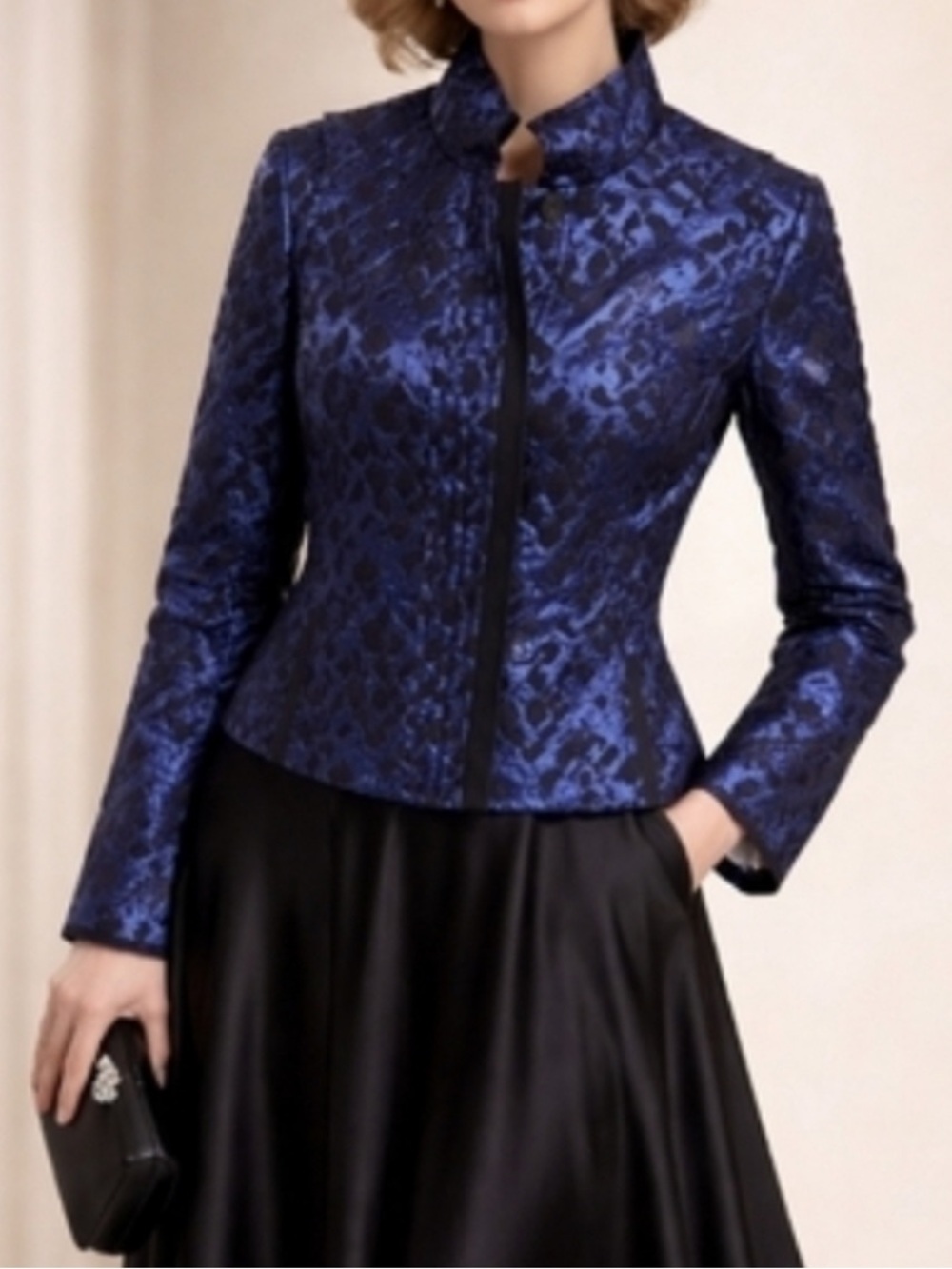 Carlisle Blazer/Jacket Silk Blend Women’s Size 2 Blue Black Mandarin Collar EUC